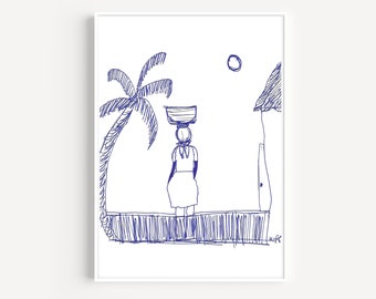 Blue Haitian Woman Art Print, Caribbean Wall Decor (Instant Download)