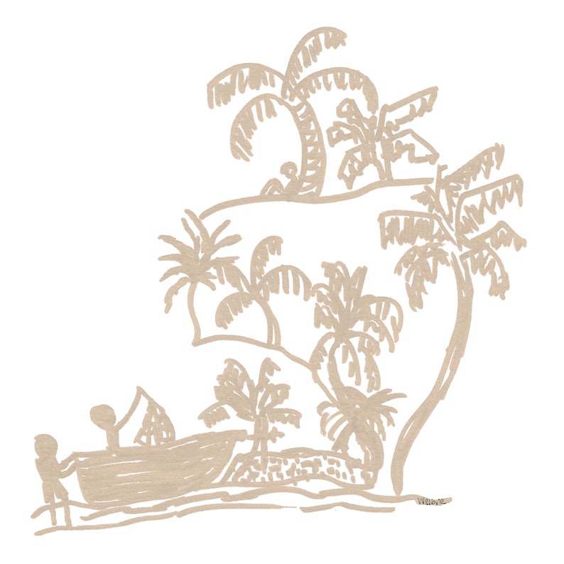 Monochrome Caribbean Beach Side Art Print, Handdrawn Beige Haitian