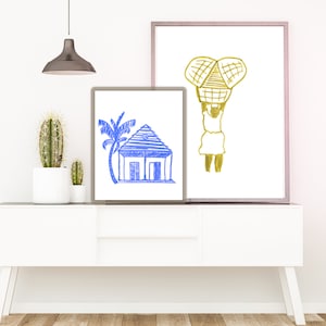 Tropical Gallery Wall Art Set of 2 Caribbean Life Coastal Art Prints, Afro Caribbean Woman and House Art