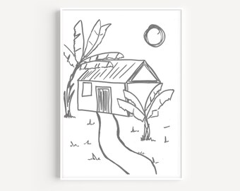 Printable Haitian Caribbean Wall Art of House under Banana Trees
