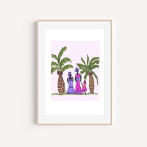 May include: A digital painting of three people standing in front of two palm trees. The people are wearing purple and pink dresses and have purple head coverings. The background is a light purple.