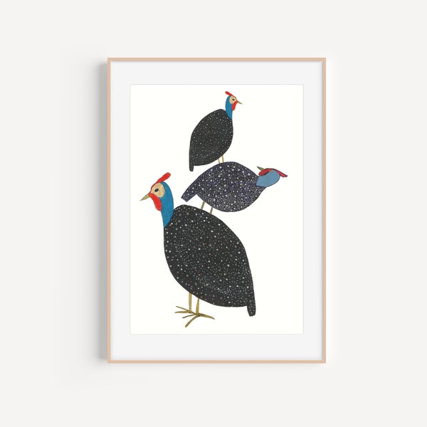 Printable Haitian Fowl Art Print,  Caribbean Wall Art for Instant Download, Black blue and red spotted Guinea Hen