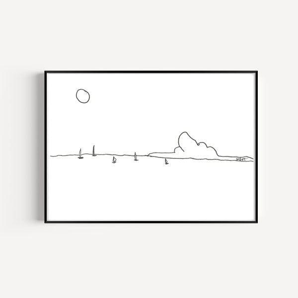 Printable Coastal Wall Art, South of France Bec de l'Aigle, Calanques Drawing, Modern Line Art, Black and White Mediterranean Sea Art