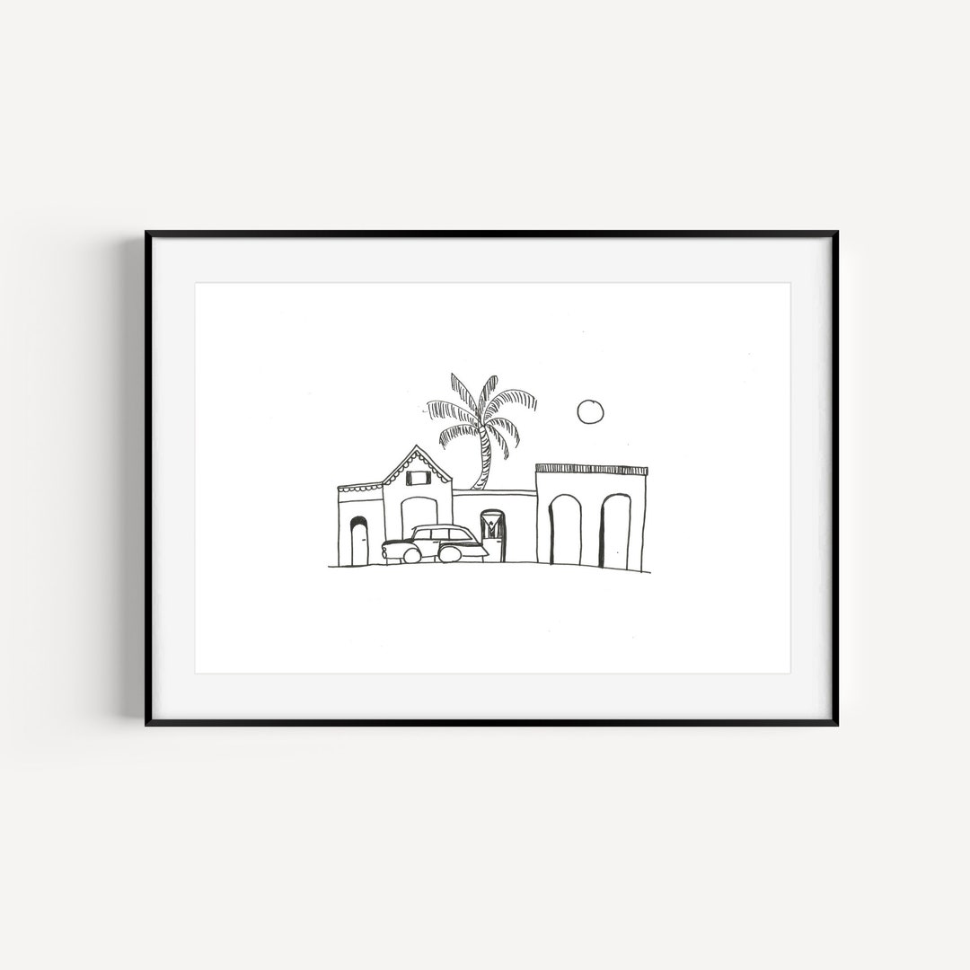 Black and White Wall Art, Caribbean House With Vintage Car and Coconut