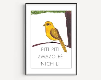 Afdrukbare Haïtiaanse offerte tropische Art Print Piti Piti Zwazo Fe Nich Li, gele vogel kunst aan de muur, Instant Download WordArt