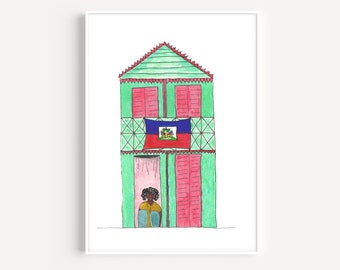 Haitian House Print, Teal House, Afro Caribbean Woman (Digital Download)