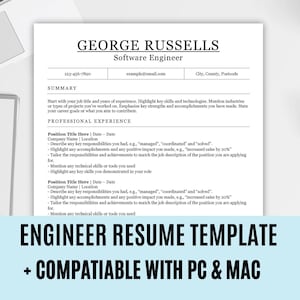 May include: A black and white resume template for software engineers. The template includes sections for a summary, professional experience, and skills. The text "ENGINEER RESUME TEMPLATE + COMPATIBLE WITH PC & MAC" is at the bottom of the page.