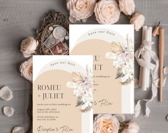 May include: Save the date wedding announcement with a beige background and floral design. The text reads "Save our Date" and "Romeu + Juliet". The announcement includes the date "August 12th, 2023" and the time "two in the afternoon". The location is "At 123 anywhere st., any city, st 12345". The announcement concludes with "Reception to Follow".