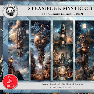 Steampunk Bookmarks: Mystic City Printable Set (Digital Download, 2x6 inches)