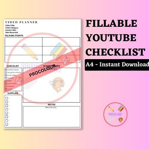 May include: A printable checklist for planning and creating YouTube videos. The checklist includes sections for video title, category, sponsor info, date recorded, talking points, checklist items, supplies, and notes. The checklist is designed to be filled out by hand and is available for instant download in A4 size.