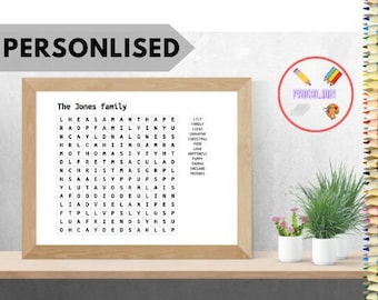 Personalised Word Search, Personalised Print, Family word search, Family Themed Poster, Custom Word Search, Personalised Gift - DIGITAL COPY