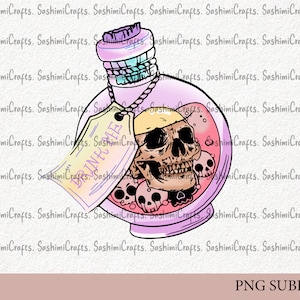 May include: A pink glass bottle with a skull and crossbones inside. The bottle has a label that says "Drink Me".