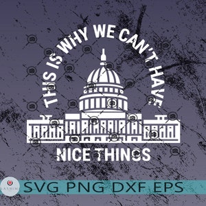 May include: White silhouette of the US Capitol building with the text "This is why we can't have nice things" in a circle around it. The image has a distressed, vintage look.