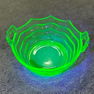 Vintage Uranium Glass Serving Bowl: Ribbed Sides, Decorative Handles, Intense Green Glow FLAWLESS