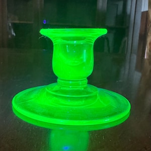Vintage Uranium Glass Candlestick Holder – Glows Under Blacklight – Perfect Condition