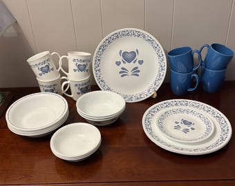 Vintage Corelle Blue Hearts Assorted Dinnerware Set – Dinner Plates, Cereal Bowls, Small Bowls & Blue Mugs – Excellent Condition
