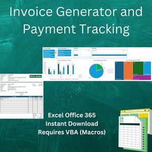 Könnte beinhalten: Ein blaugrüner Hintergrund mit dem Text "Invoice Generator and Payment Tracking" in Weiß. Ein Screenshot einer Excel-Tabelle mit dem Text "Invoice Number 1248" befindet sich in der linken unteren Ecke. Der Text "Excel Office 365 Instant Download Requires VBA (Macros)" befindet sich in der unteren Mitte des Bildes. Drei Symbole für eine Tabellenkalkulation, einen Ordner und einen Webbrowser befinden sich in der rechten unteren Ecke.