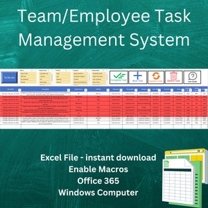 May include: A green and white digital download for a team or employee task management system. The image shows a spreadsheet with a to-do list, a task list, and a user guide. The text "Excel File - instant download" is displayed in white text on a green background. The text "Enable Macros" is displayed in white text on a green background. The text "Office 365" is displayed in white text on a green background. The text "Windows Computer" is displayed in white text on a green background.