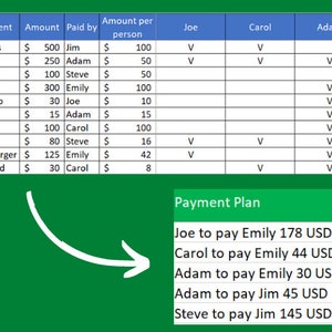 May include: A green and blue table with a payment plan for a group of friends. The table shows the cost of different items, who paid for them, and how much each person owes. The payment plan shows who owes money to whom and the amount.