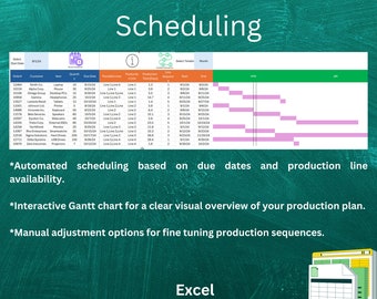 Könnte beinhalten: Ein Screenshot einer Tabellenkalkulation, die ein Gantt-Diagramm für die automatische Produktionsplanung zeigt. Das Diagramm zeigt die Produktionslinie, die Produktionszeit, das Startdatum und das Enddatum für jedes Produkt. Die Tabellenkalkulation ist mit "Excel Sofortzugriff" beschriftet.