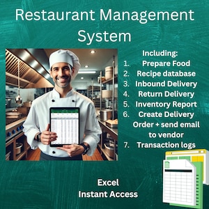 Könnte beinhalten: Ein Koch in weißer Uniform steht in einer Küche und hält ein Tablet mit einer Tabellenkalkulation auf dem Bildschirm. Der Text auf dem Bildschirm lautet "Restaurant Management System" und listet Funktionen wie "Essen zubereiten", "Rezeptdatenbank", "Anlieferung", "Rücklieferung", "Inventurbericht", "Lieferauftrag erstellen + E-Mail an den Lieferanten senden" und "Transaktionslogs" auf. Der Text "Excel Sofortzugriff" befindet sich am unteren Rand des Bildes.