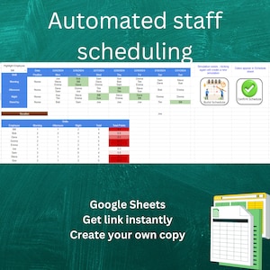 May include: A screenshot of a Google Sheet spreadsheet with a green background. The spreadsheet is titled "Automated staff scheduling". The spreadsheet has a calendar view with dates and days of the week. The spreadsheet also has a list of employees and their skills. The spreadsheet is used to schedule employees for different shifts.