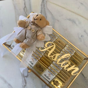Teddybär-Thema personalisierte Schokoladenbox, Willkommens-Babypartygeschenke, kundenspezifische Baby-Gefälligkeiten, Neugeborenen Schokolade, Taufe Gastgeschenke Junge