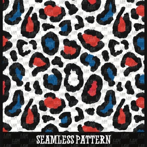May include: Seamless pattern featuring a white background with black, red, and blue leopard spots. The pattern is perfect for fabric, wallpaper, or digital design projects.