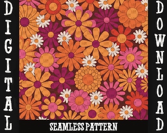Retro Floral Seamless Pattern, Orange Maroon PNG File (Digital Download)