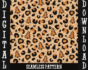 Leopard Cheetah Print Seamless Pattern with Christmas Trees (Digital Download)