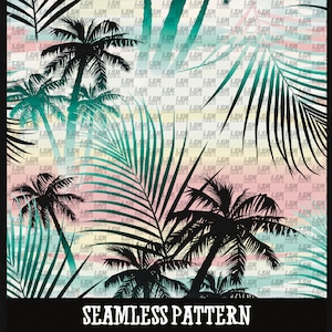 Può includere: Uno schema senza cuciture che presenta un tramonto tropicale con palme e foglie di palma. Lo sfondo è un gradiente di rosa, arancione, giallo e blu. Il testo "DIGITAL DOWNLOAD" è sul lato destro dell'immagine.