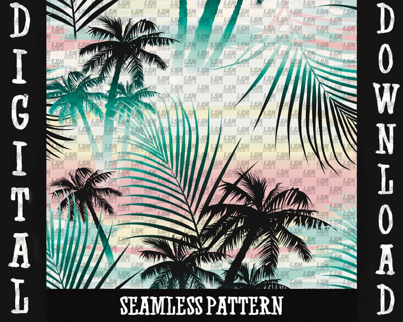 May include: A seamless pattern featuring a tropical sunset with palm trees and palm leaves. The background is a gradient of pink, orange, yellow, and blue. The text "DIGITAL DOWNLOAD" is on the right side of the image.