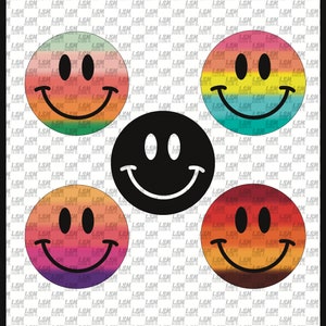 Pode incluir: Quatro desenhos de rostos sorridentes com um fundo degradê arco-íris. Os rostos sorridentes são preto e branco com um design simples. As cores de fundo são verde, azul, roxo e laranja.