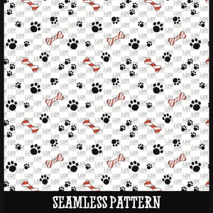 May include: A seamless pattern featuring black paw prints and red and white candy cane bones on a white background. The text "SEAMLESS PATTERN" is at the bottom of the image.