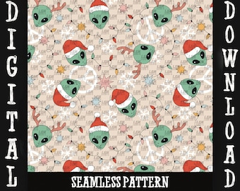 Alien Reindeer Christmas Seamless Pattern, Retro Hippie Digital File (PNG Download)