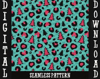 Leopard Cheetah Print Seamless Pattern, Mint Pink Black (PNG Digital File)