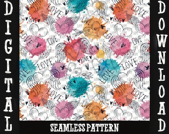Valentine Heart Wings Seamless Pattern, Love Design (PNG Digital File)