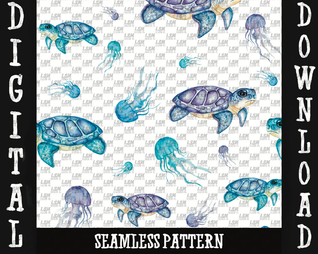 Seamless Pattern Digital Download PNG File Sea Turtle Jellyfish Ocean ...