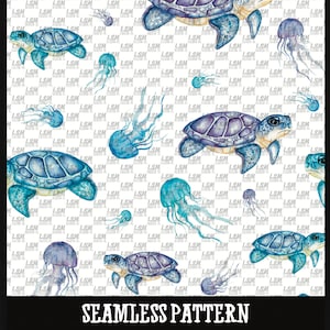 Nahtlose Muster digitaler Download PNG Datei Meeresschildkröte Qualle Ozean Sommer Urlaub Stoff Sublimation Scrapbook
