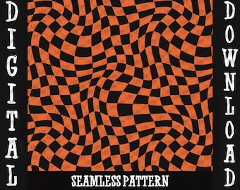 Wavy Checkerboard Seamless Pattern, Orange & Black (PNG Digital File)