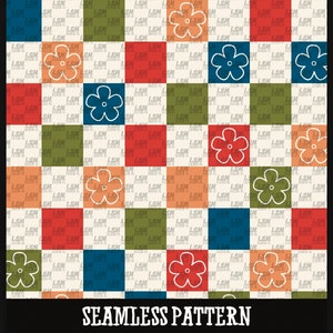 Seamless Pattern Digital File Download checkerboard floral flower retro vintage groovy sublimation fabric scrapbook