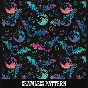 May include: A seamless pattern featuring bats and moons on a black background. The bats are outlined in rainbow colors and the moons are a gradient of pink, blue, and purple. The pattern is filled with small white stars.