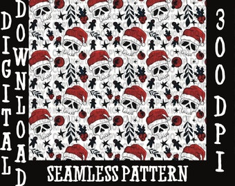 Christmas Santa Hat Skulls Seamless Pattern (PNG Digital File)
