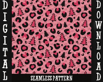 Pink Leopard Christmas Tree Seamless Pattern (PNG Digital File)