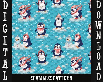 Christmas Penguin Ice Skating Seamless Pattern (PNG Digital File)