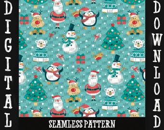 Christmas Character Seamless Pattern: Santa, Penguin, Rudolph (Digital PNG)