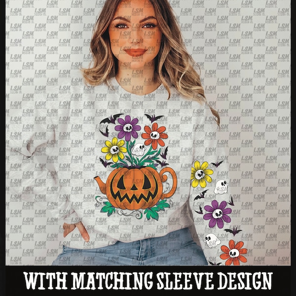 Pumpkin Jack-O-Lantern Tea Pot Digital Download with matching Sleeve Design Halloween Ghost Bat Flower Skull for sublimation dtg dtf