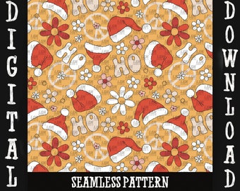 Retro Santa Hat Seamless Pattern, Hippie Christmas (PNG Digital File)