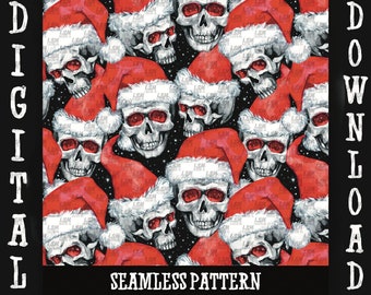 May include: A seamless pattern featuring a repeating design of white skulls wearing red Santa hats on a black background with white stars.