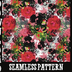 Schädel und Rosen nahtlose Muster Hintergrund druckbare digitale Kunst png Datei download Stoff Sublimation Scrapbooking Stirnband
